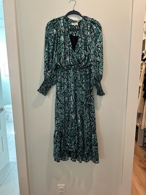 SUNCOO Teal and Black Printed Long Sleeve Midi Dress